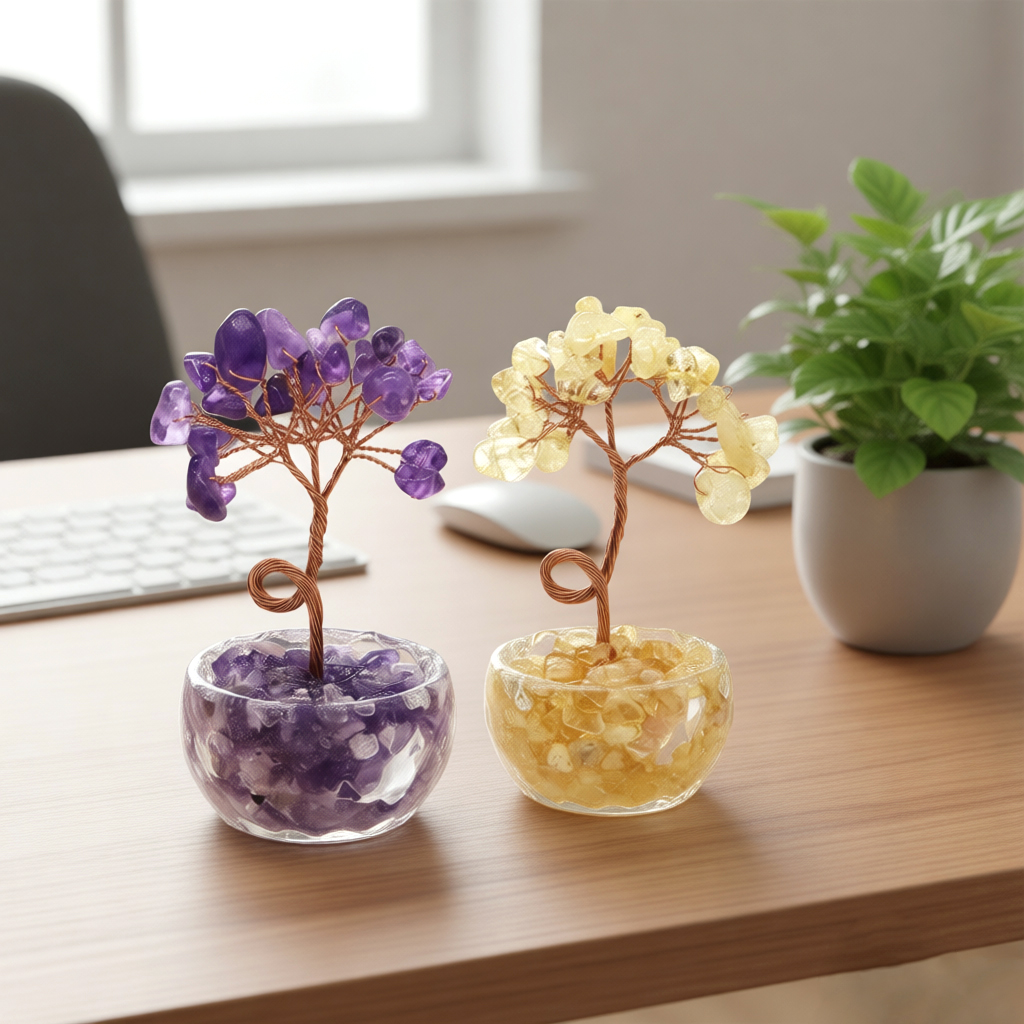 Desk Setup Room - Natural Gemstone Crystal Lucky Tree With
