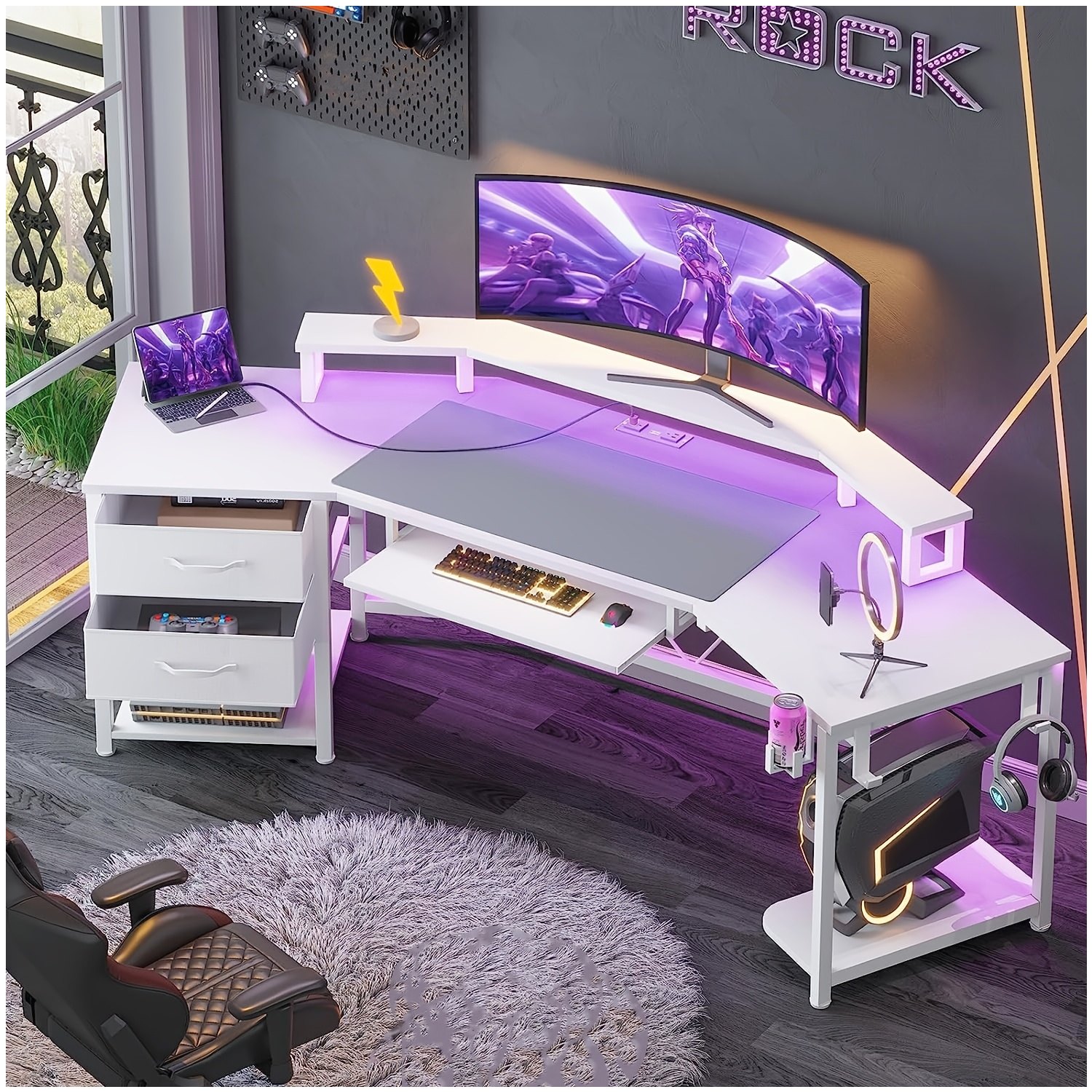 Desk Setup With Keyboard Tray - 79-inch Modern Gaming Desk with RGB