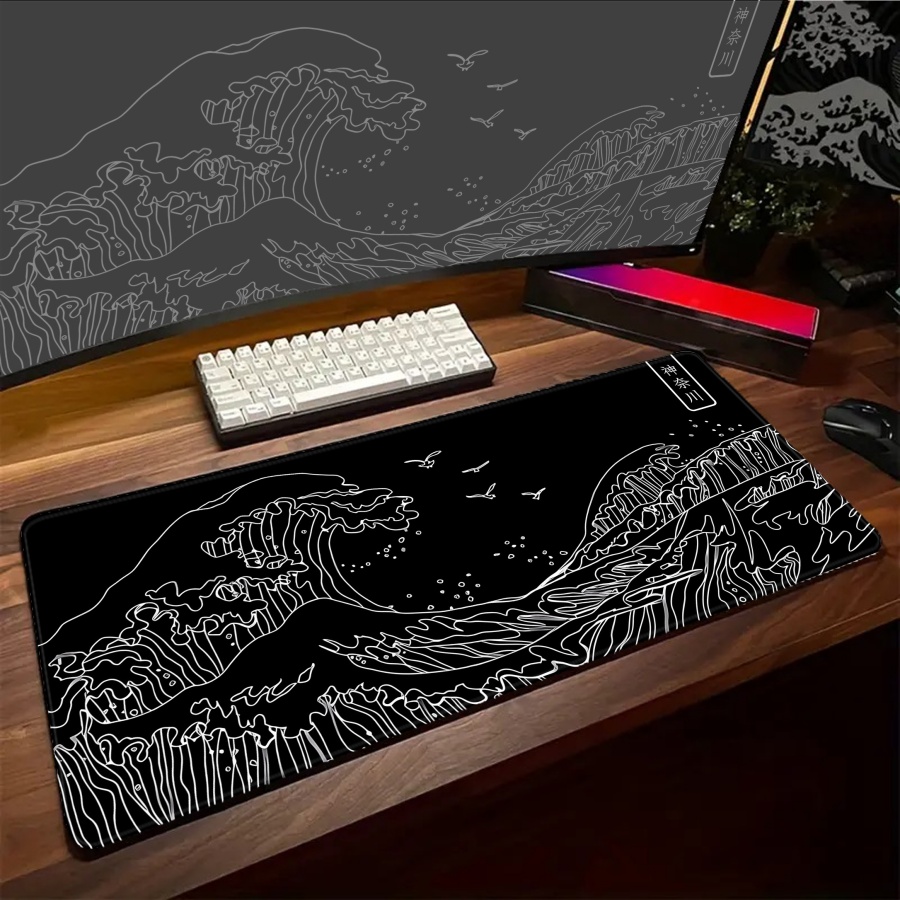 Desk Setup Laptop And Pc - Pc Gamer Mousepad Great Wave Keyboard